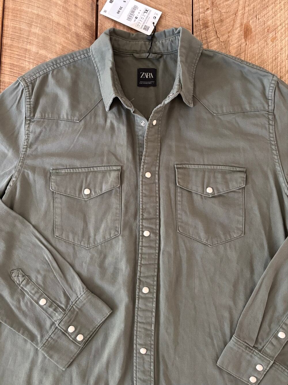ZARA Men’s Olive Green Brushed Denim Button Down Pearl Snaps Western — SIZE XL